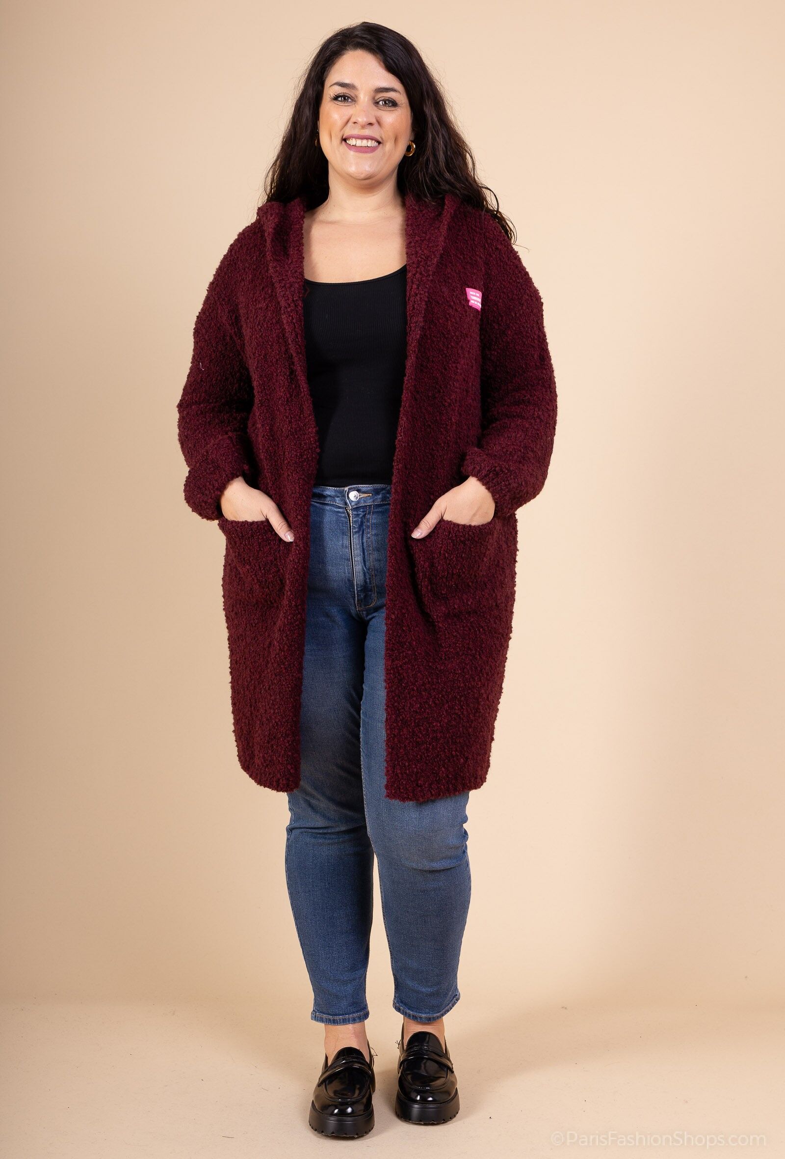 GRANDE TAILLE Cárdigan largo à capuche en maille bouclette PV2558GT