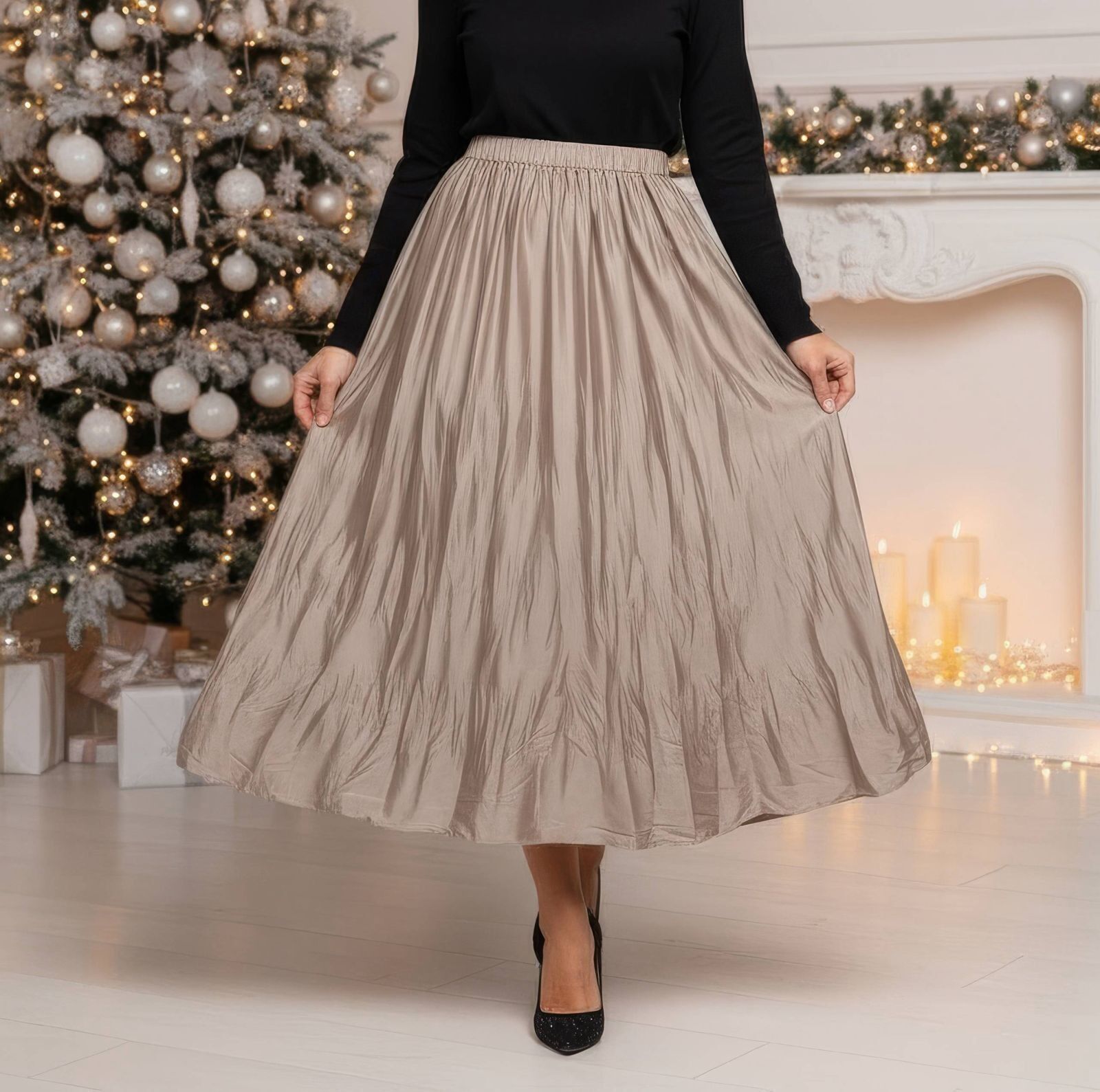 Gonna lunga elasticizzata in raso stropicciato