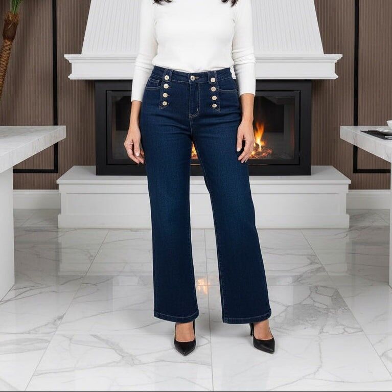 Jeans Voggo a gamba larga con bottoni dorati e lavaggio scuro indaco