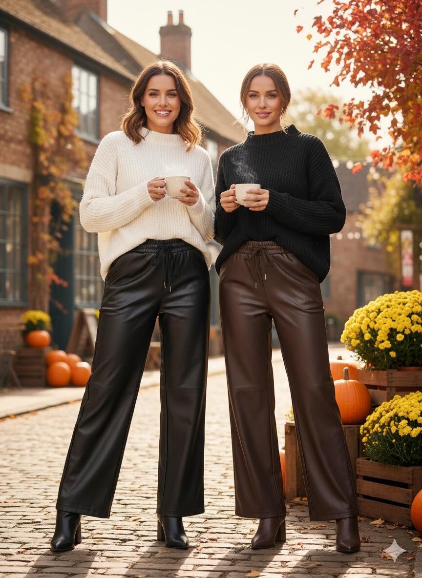 Pantaloni a gamba larga in similpelle PU