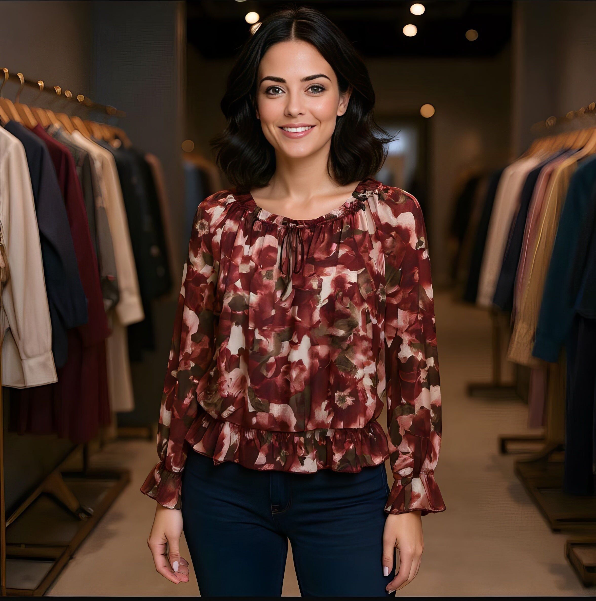 Blusa Bardot con balze a contrasto e foglie