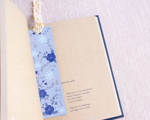 Blue Roses bookmark, organic cotton lace