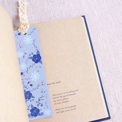 Blue Roses bookmark, organic cotton lace