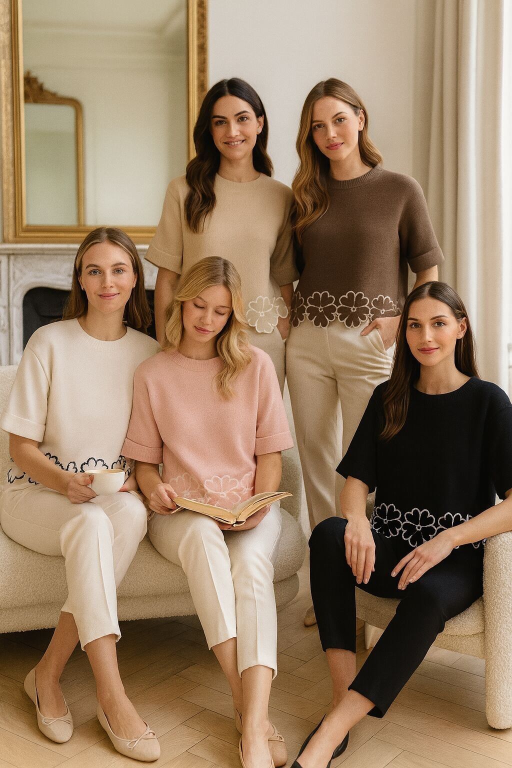 Jersey de punto con mangas dobladas y ribete floral