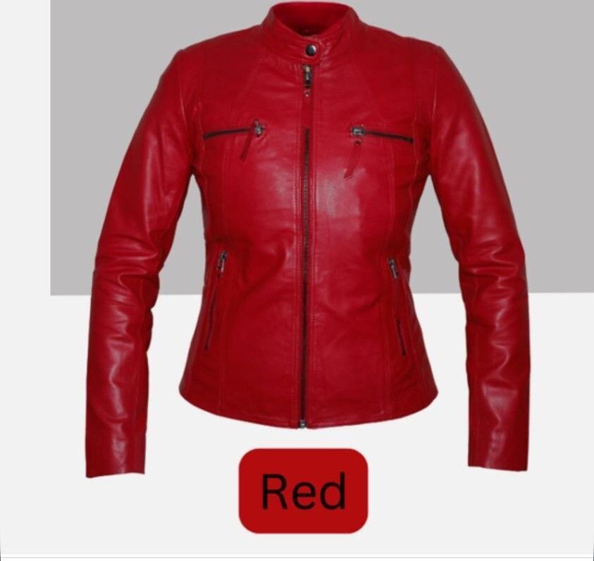 Red Real Leather Mandarin Collar Jacket