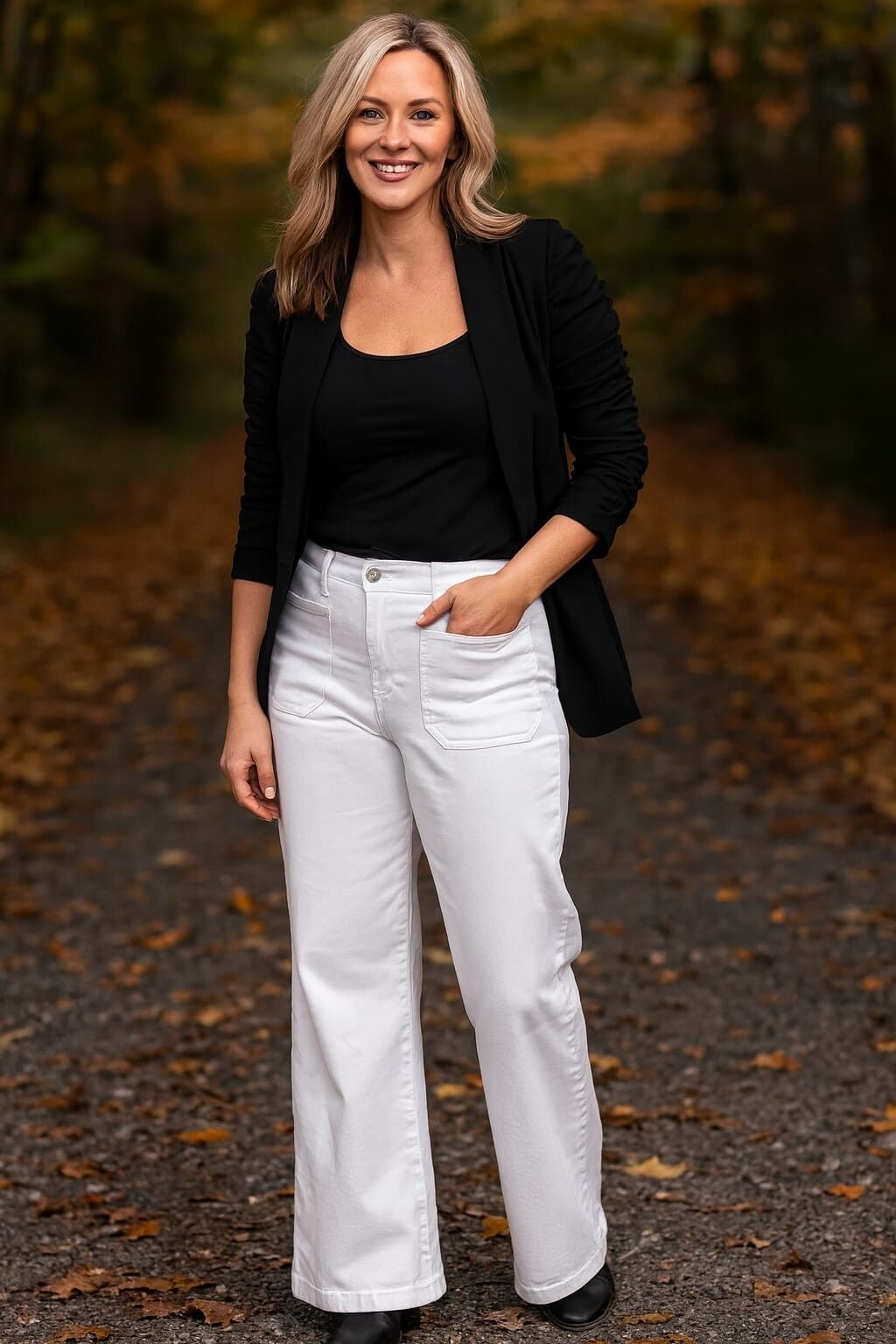 Vaqueros blancos elásticos de pierna ancha con dos bolsillos delanteros