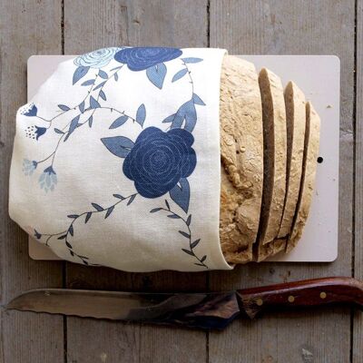 Blue Roses kitchen towel, organic linen