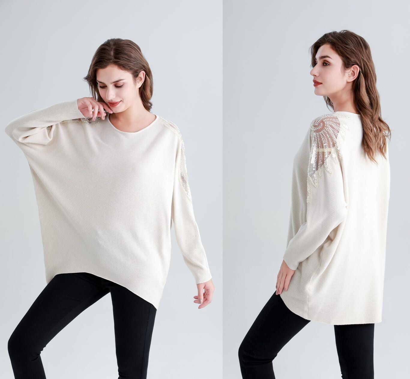 Detalle de hombro con perlas de diamante en punto