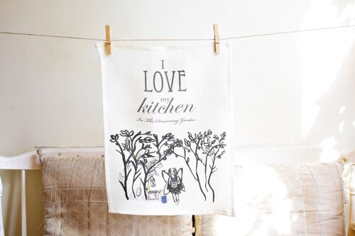 Fairy and Blueberries kitchen towel, organic linen
