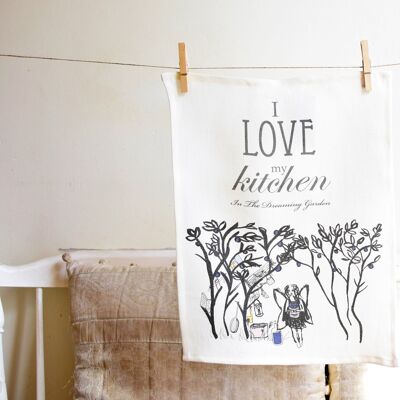 Fairy and Blueberries kitchen towel, organic linen