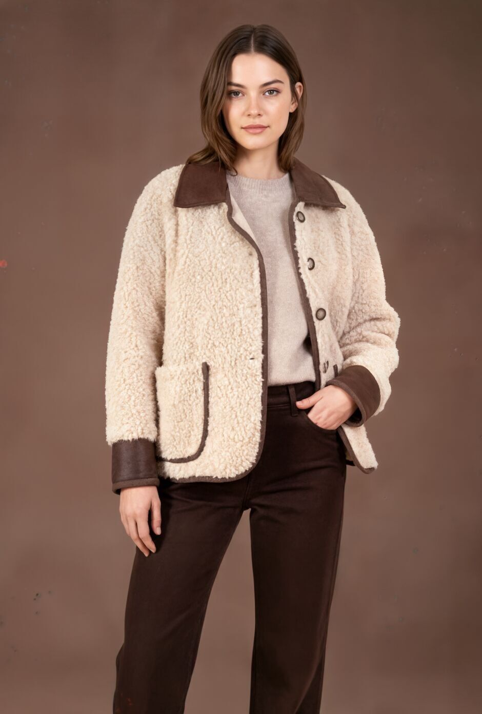 Veste in Moumoute a contrasto in finto cuoio PV2569