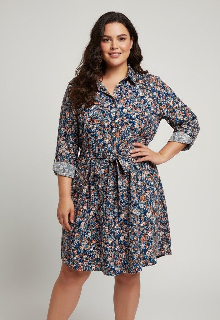 Vestido camisero con estampado azul de talla grande (C6516)