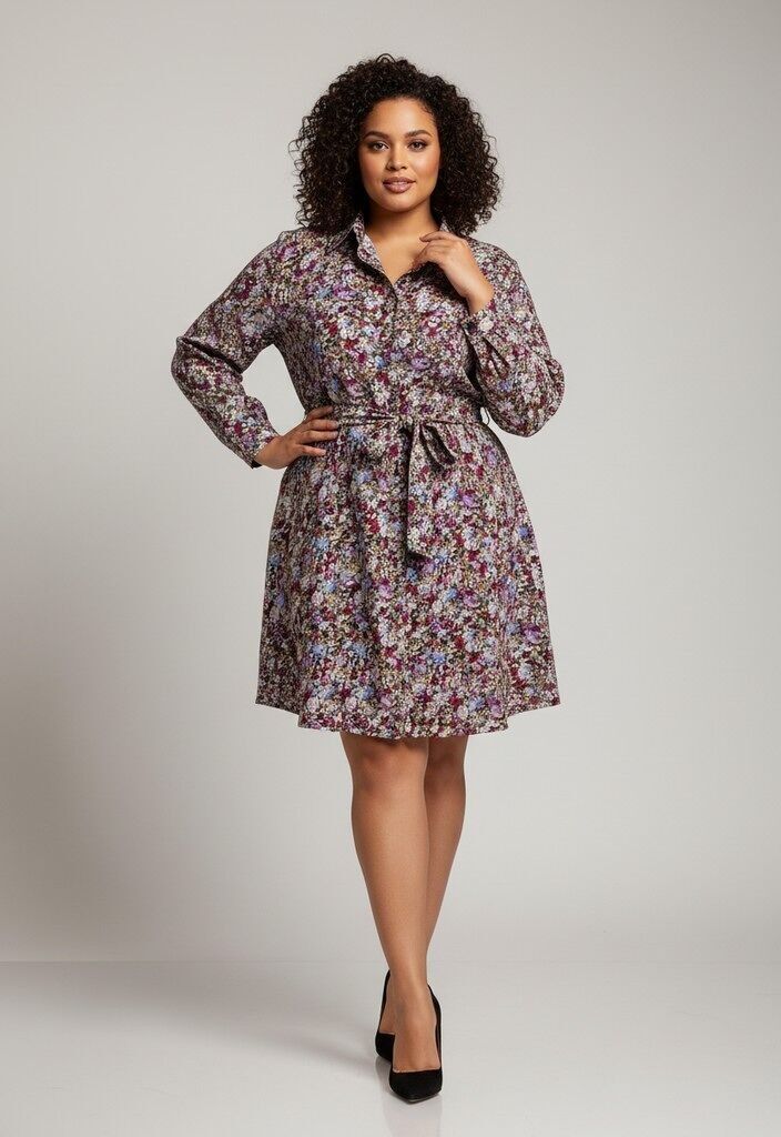 Vestido camisero morado con estampado de talla grande (C6516)