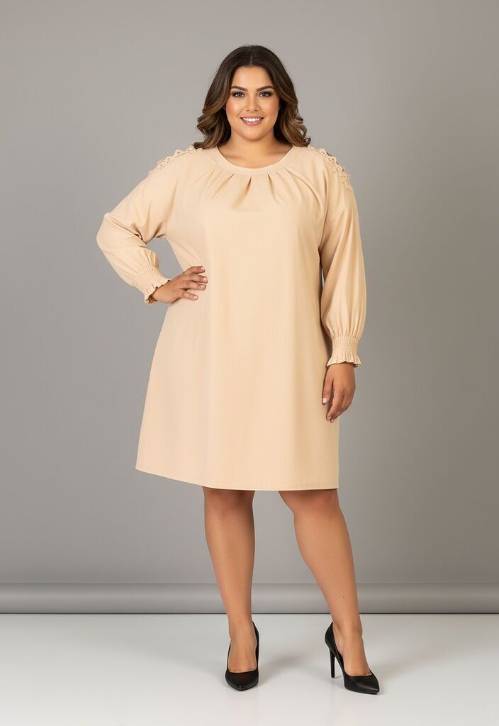 Vestido plisado beige de talla grande (C6608)