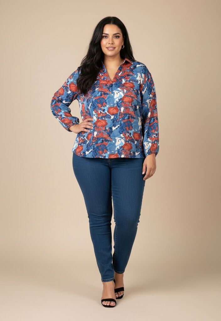 Camisa estampada azul de talla grande (C6632)