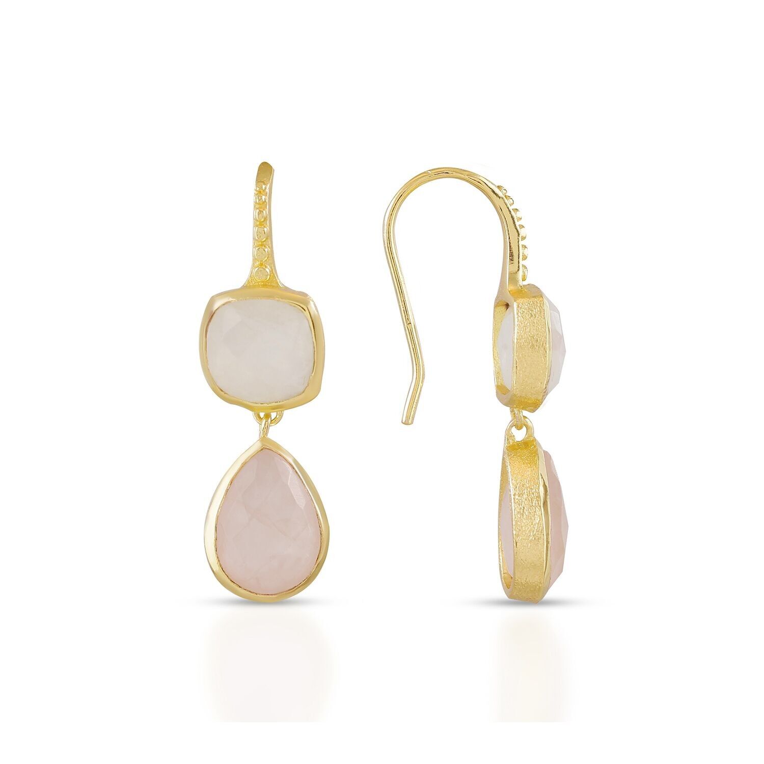 Boucles d'oreilles AZUNI Charis Double Pierre de Lune et Quartz Rose avec Coffret Cadeau