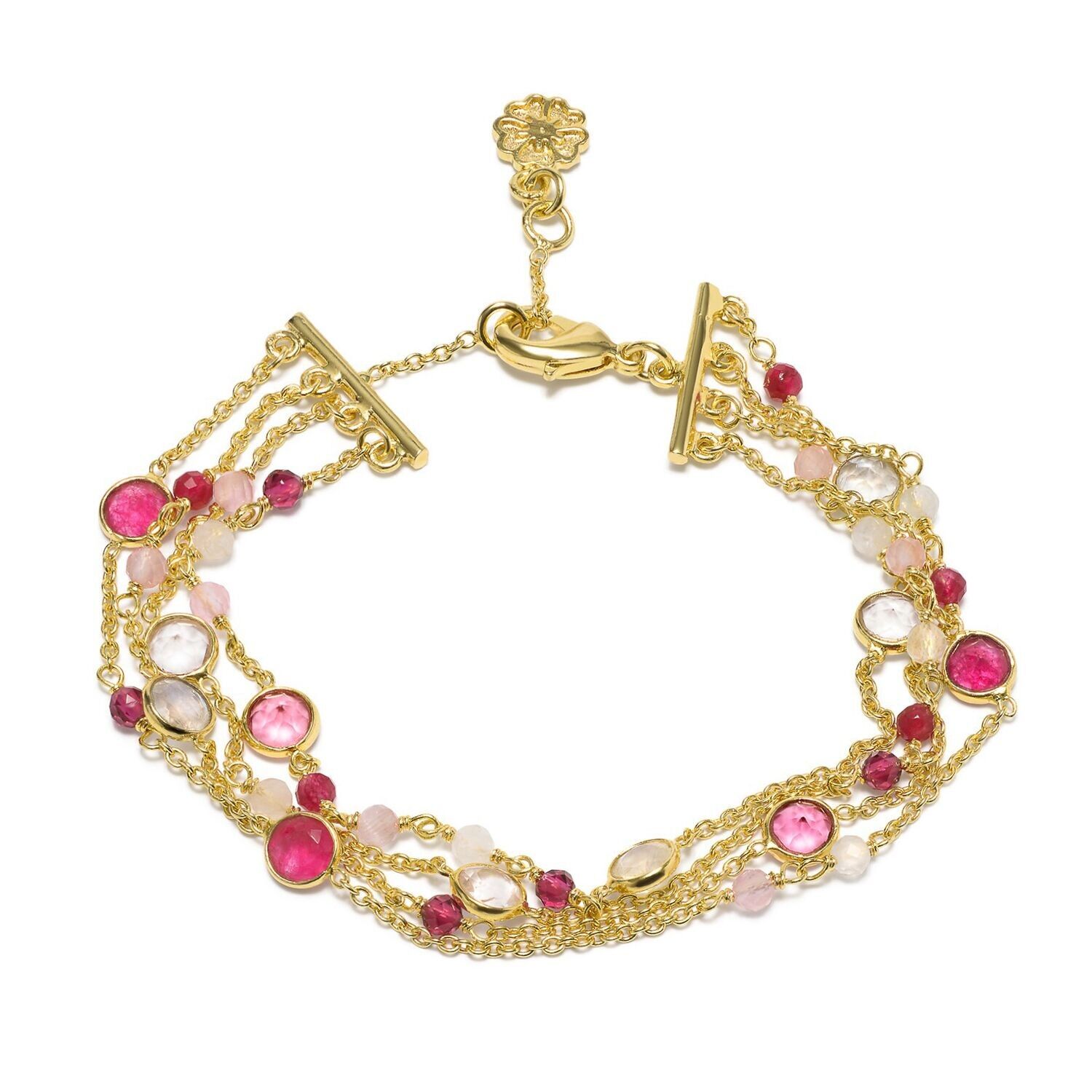 Pulsera AZUNI Hydra de múltiples hilos con cadena de oro y piedras preciosas: piedra lunar, cuarzo rosa, jade rosa y turmalina rosa. Incluye caja de regalo.