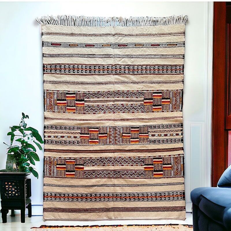 Kilim Chaoui – Alfombra marroquí de lana 160×210 cm – Kilim tejido a mano con motivos bordados