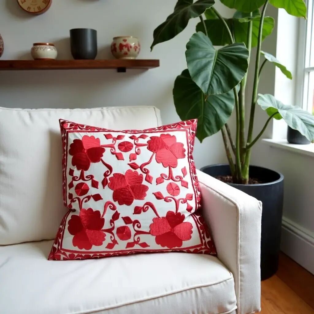 Cuscini marocchini rossi classici con ricami floreali – 17.4" x 17.4"