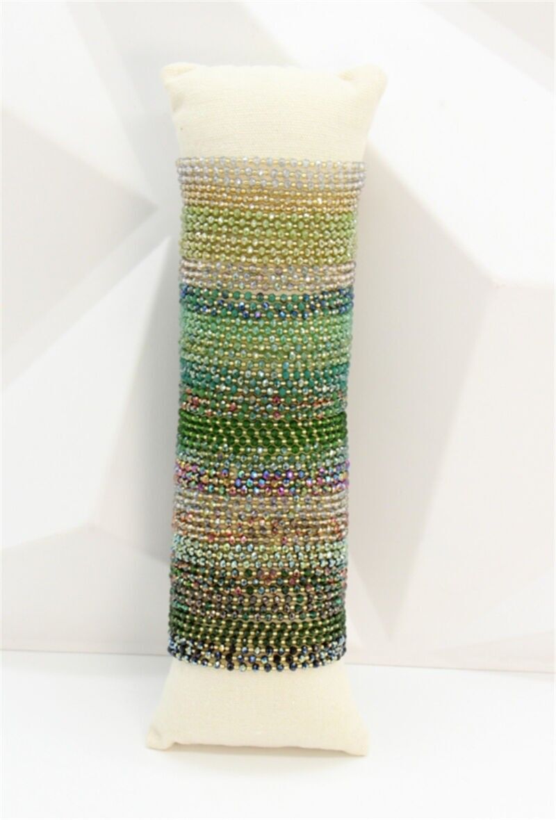 Lot 60 Bracelets Élastiques en Perles de Verre Vert, Doré & Cristal – Présentoir Offert