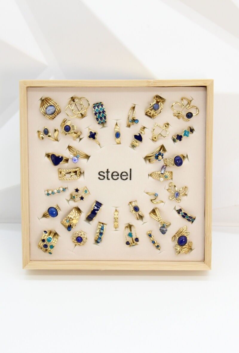 Set of 36 Adjustable Stainless Steel Rings in Gold & Blue with Wooden Display Stand