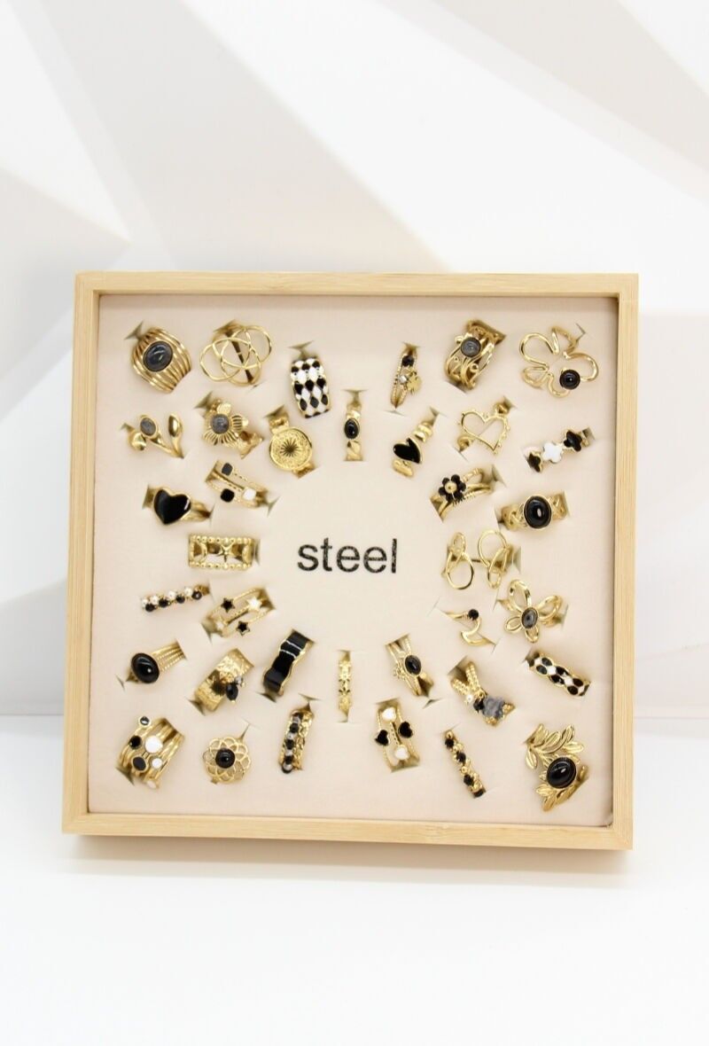 Set of 36 Adjustable Gold & Black Stainless Steel Rings with Wooden Display Stand