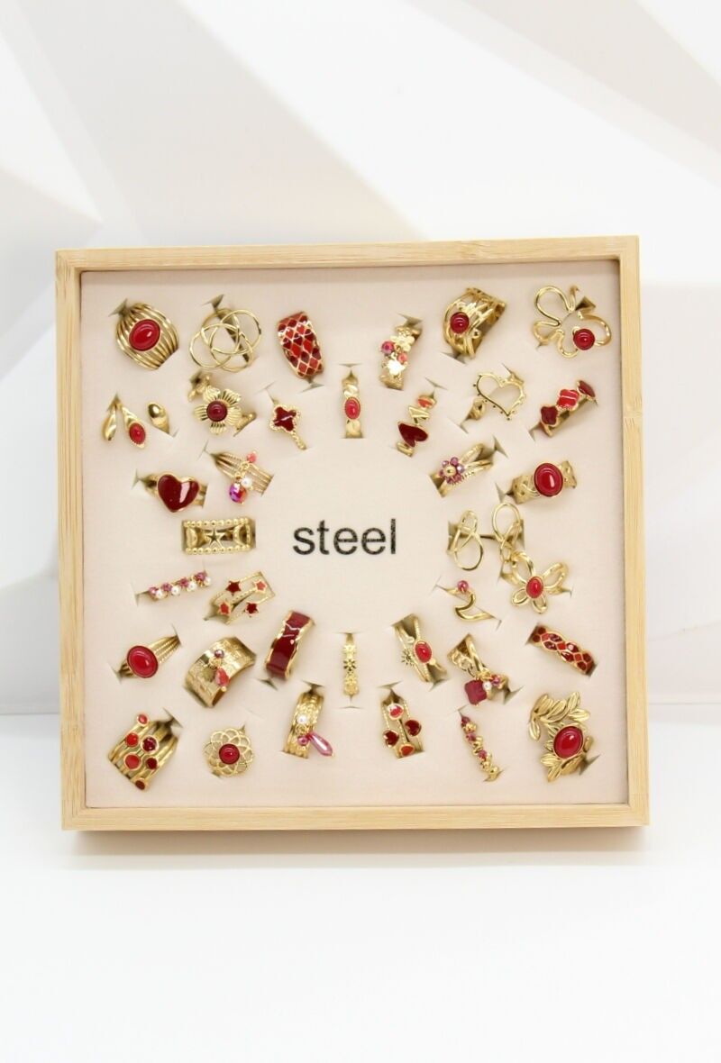 Set of 36 Adjustable Gold & Red Stainless Steel Rings with Wooden Display Stand