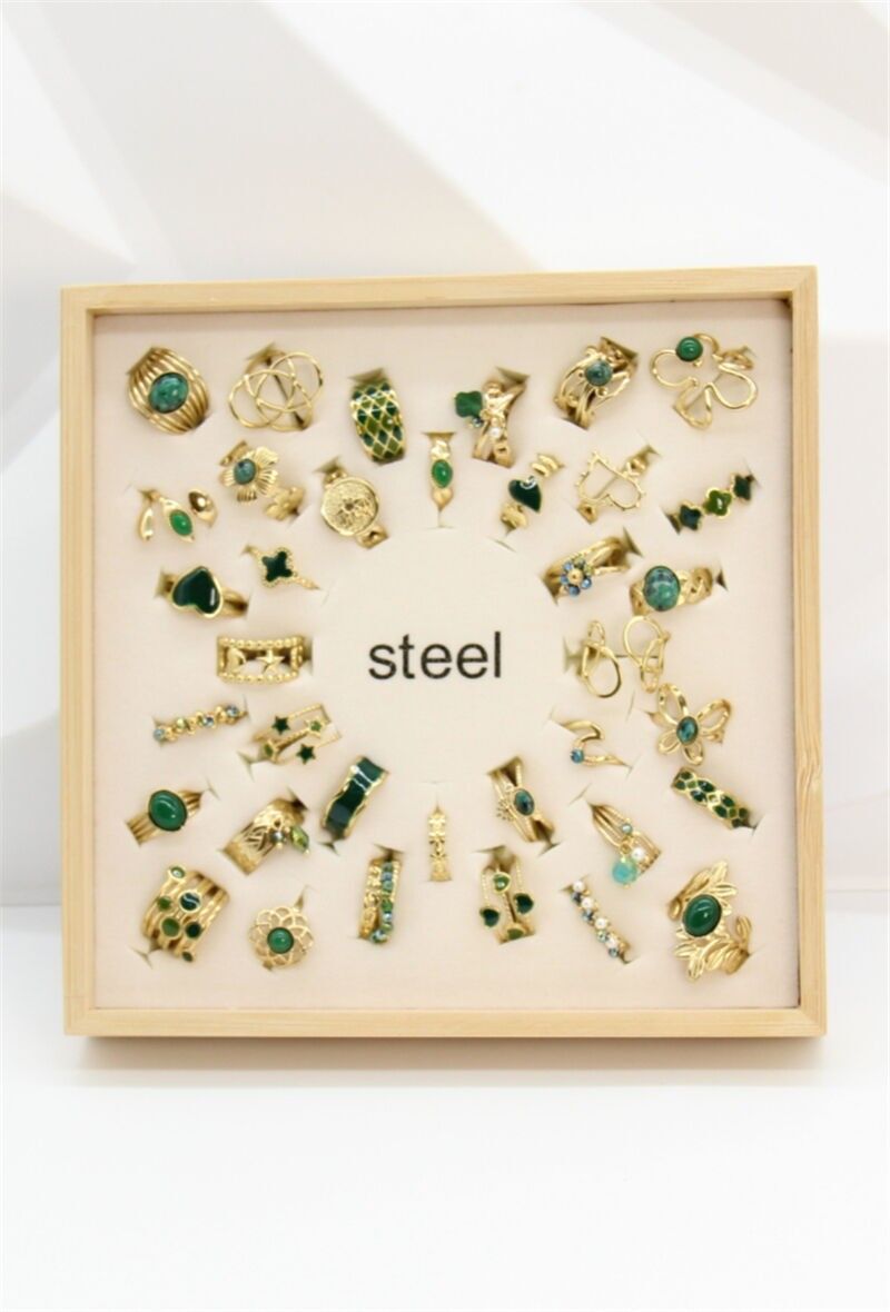 Set of 36 Adjustable Gold & Green Stainless Steel Rings – Free Wooden Display Stand