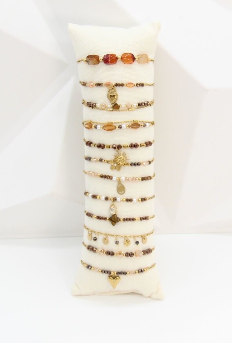 Lot 12 Bracelets Assortis en Acier Inoxydable Doré & Perles – Présentoir Offert