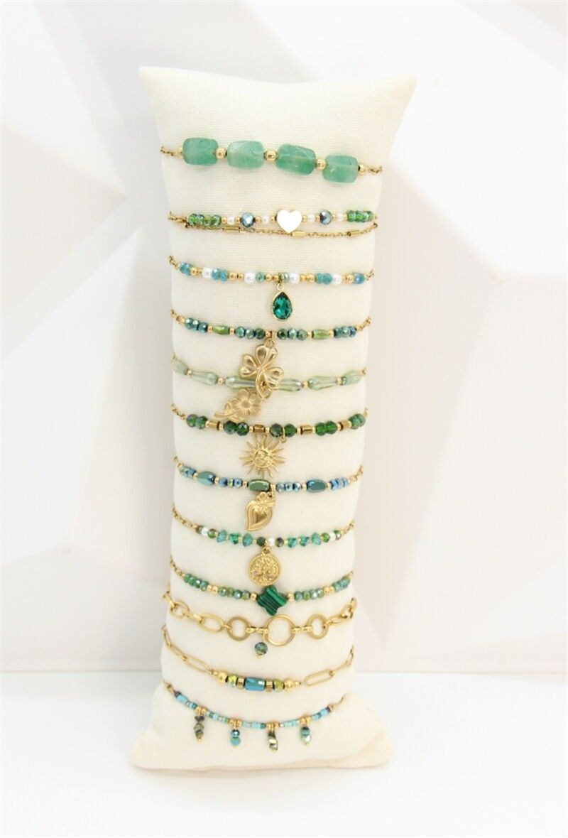 Lot 12 Bracelets Assortis en Acier Inoxydable Doré & Vert – Présentoir Offert