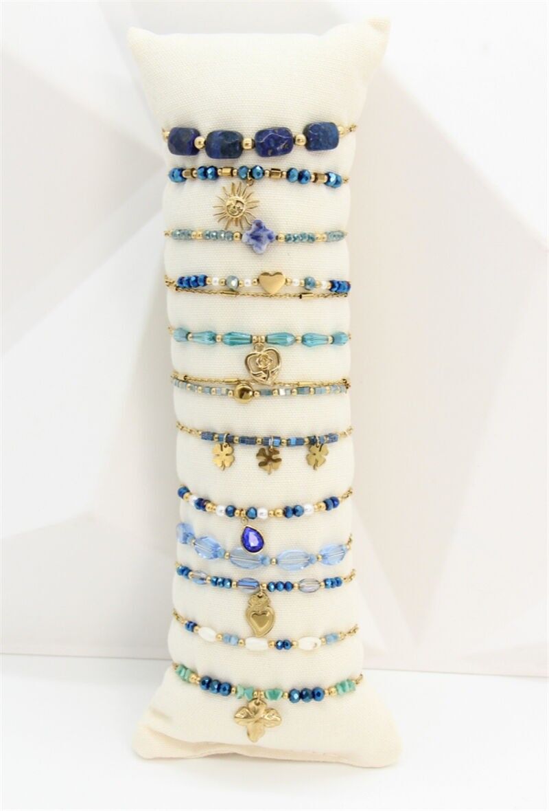 Lot 12 Bracelets Assortis en Acier Inoxydable Doré & Bleu – Présentoir Offert