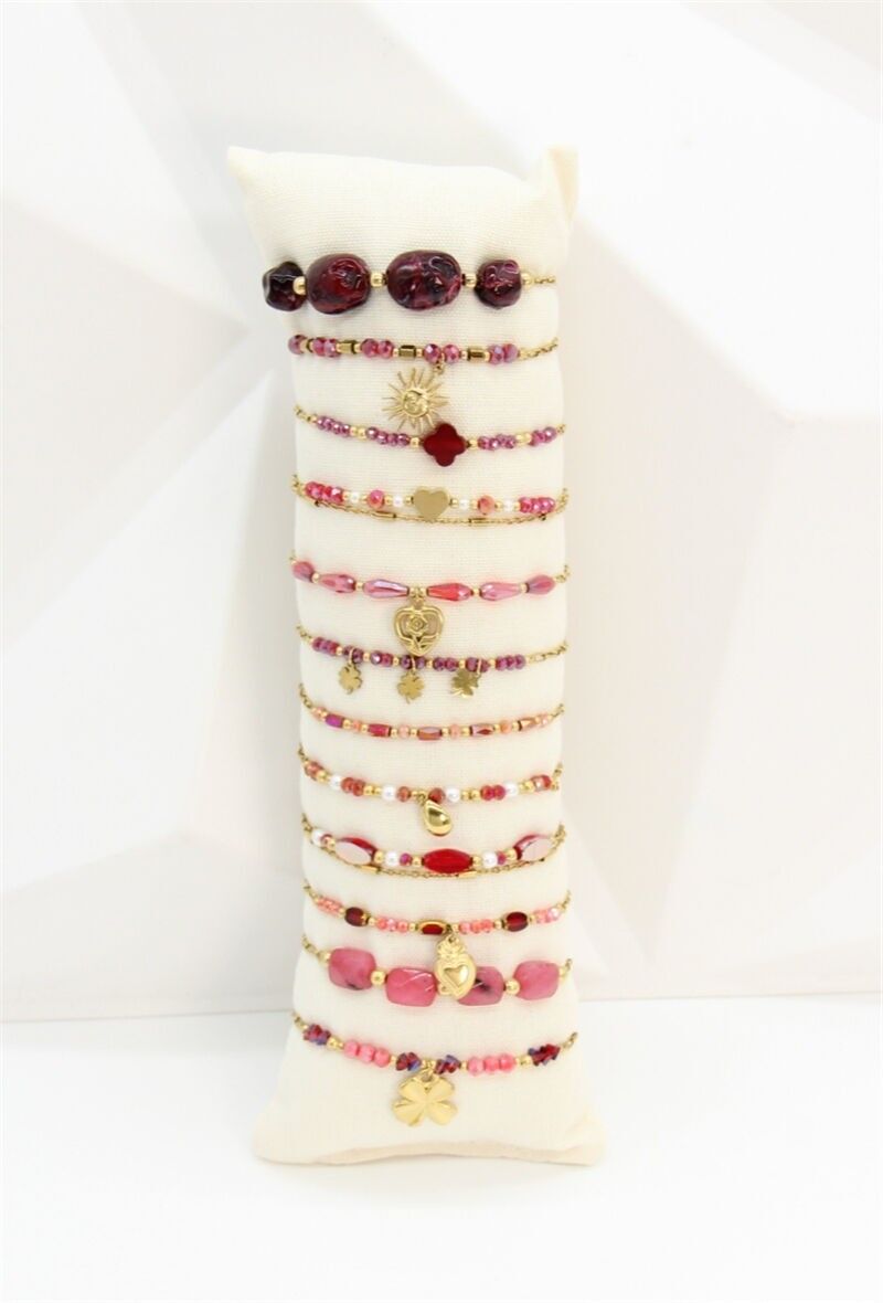 Lot 12 Bracelets Assortis en Acier Inoxydable Doré & Bordeaux – Présentoir Offert