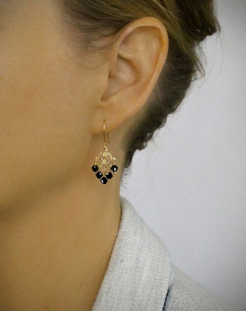 Gold heart filigree earrings with black crystals