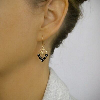 Gold heart filigree earrings with black crystals