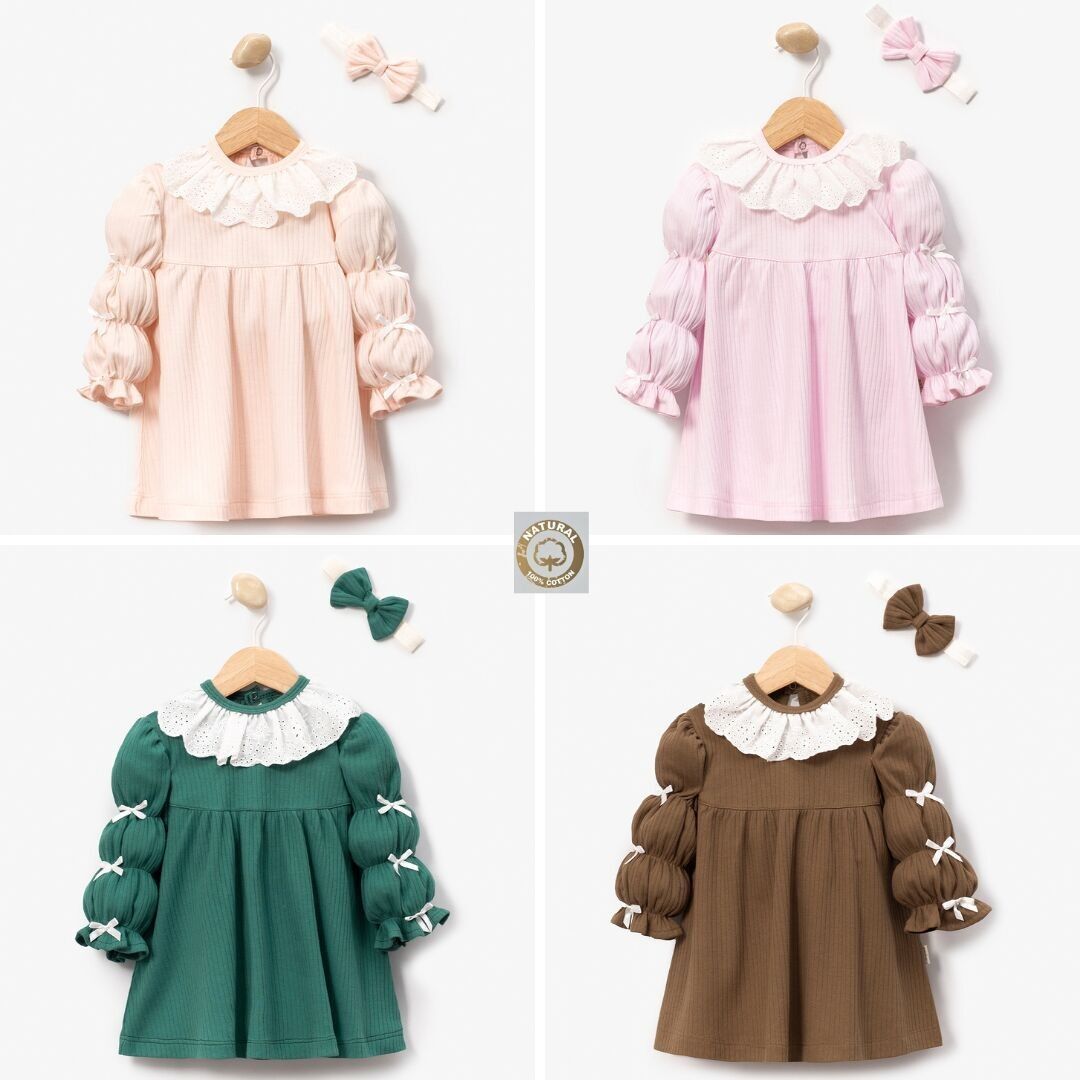 Lot de quatre robes de tous les jours en coton pour fille, à manches bouffantes et détails nœud, en quatre tailles.