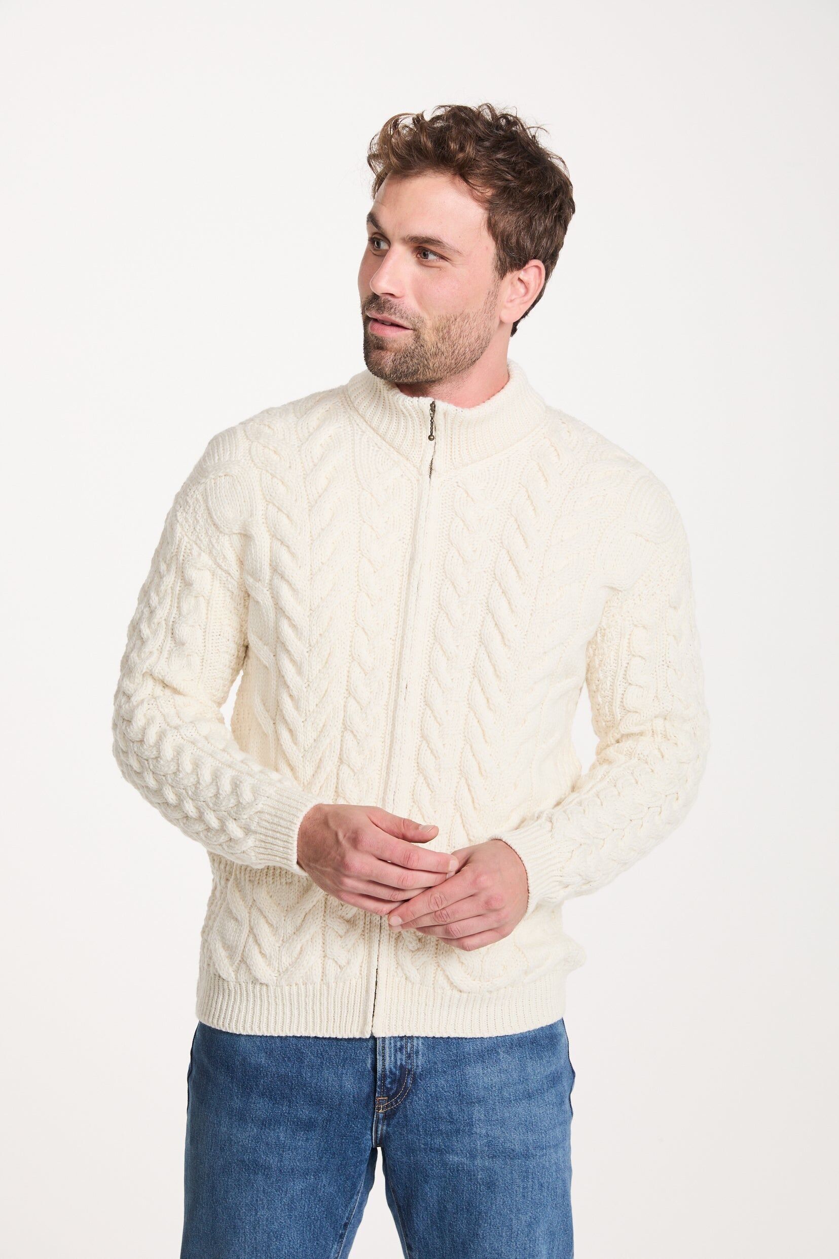 Cardigan in lana merino con cerniera Aran da uomo Corraun - Crema