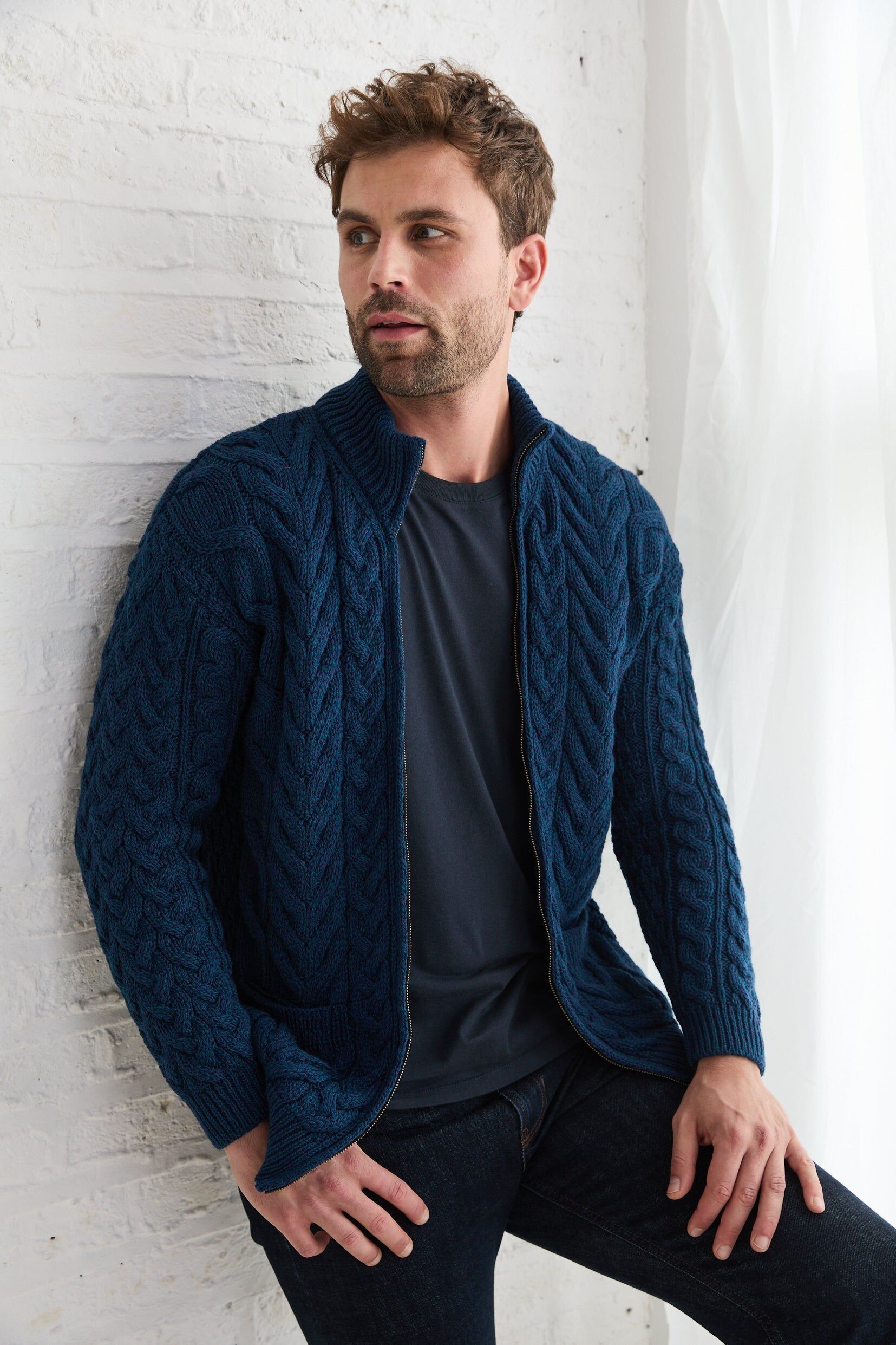 Cardigan in lana merino con cerniera Aran da uomo Corraun - Verde acqua
