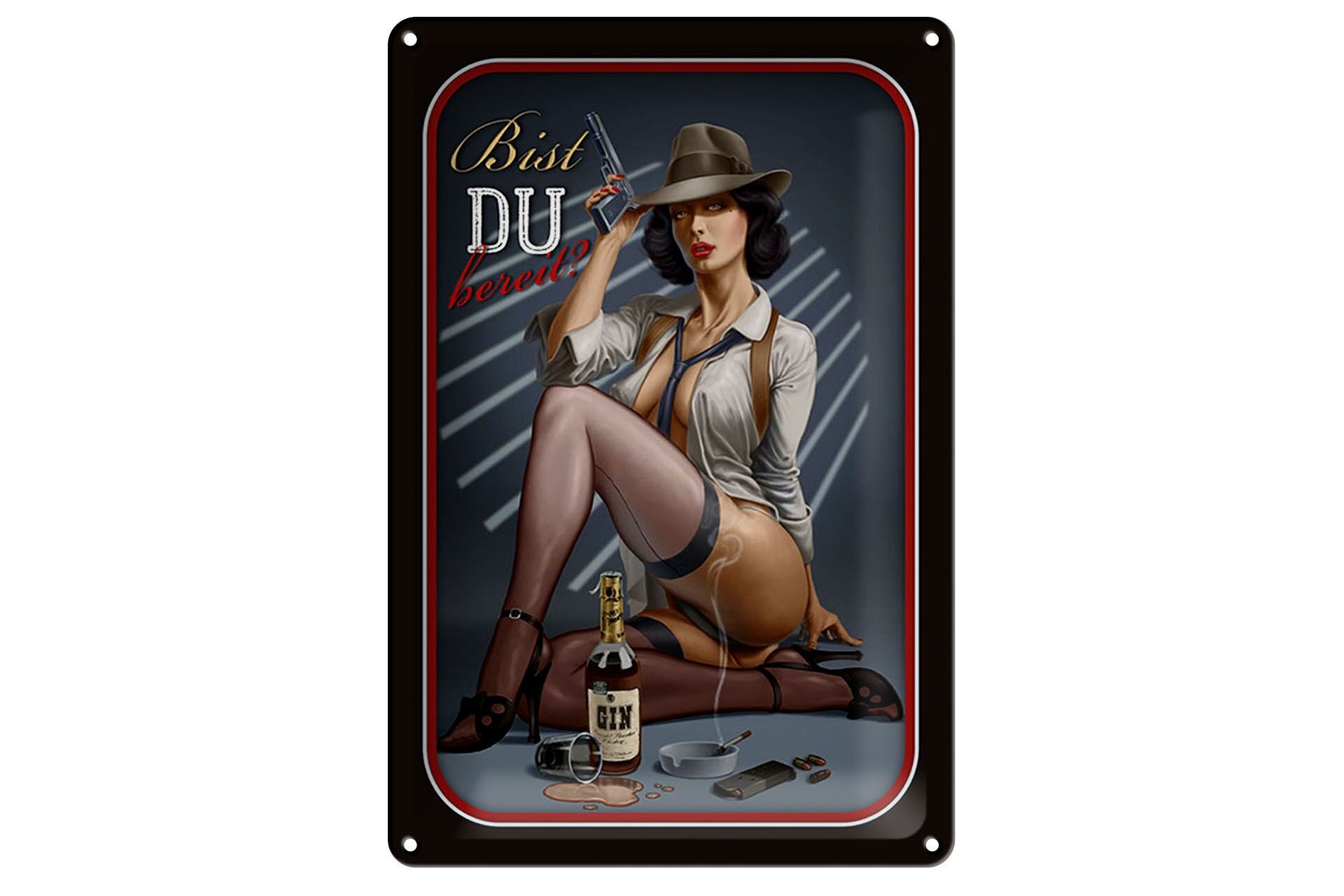 Blechschild Spruch 12x18 cm bist du bereit Frau Spionin mit Hut Deko Schild