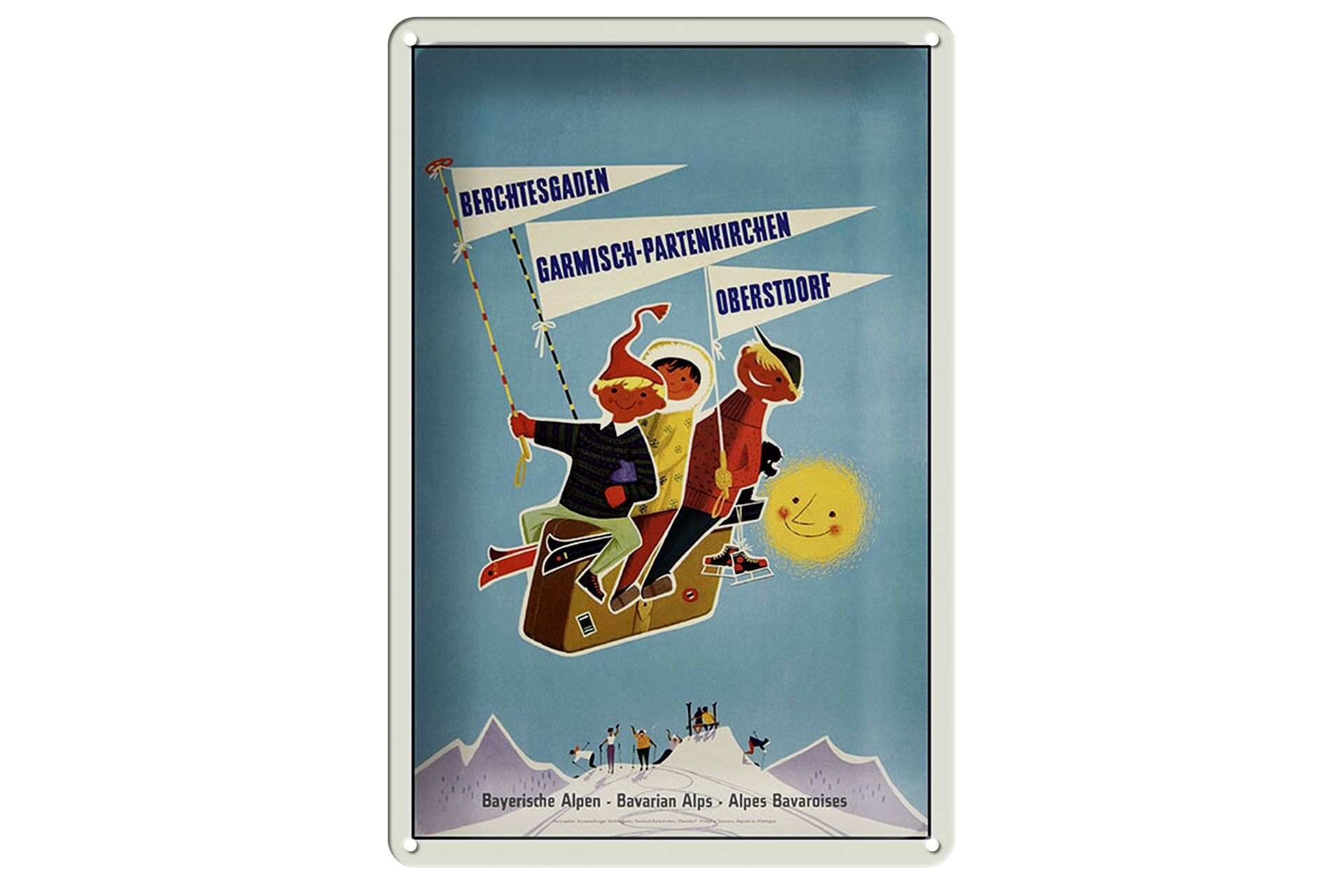 Plaque métallique décorative pour les voyages, 12 x 18 cm, Alpes bavaroises, enfants sur des valises.