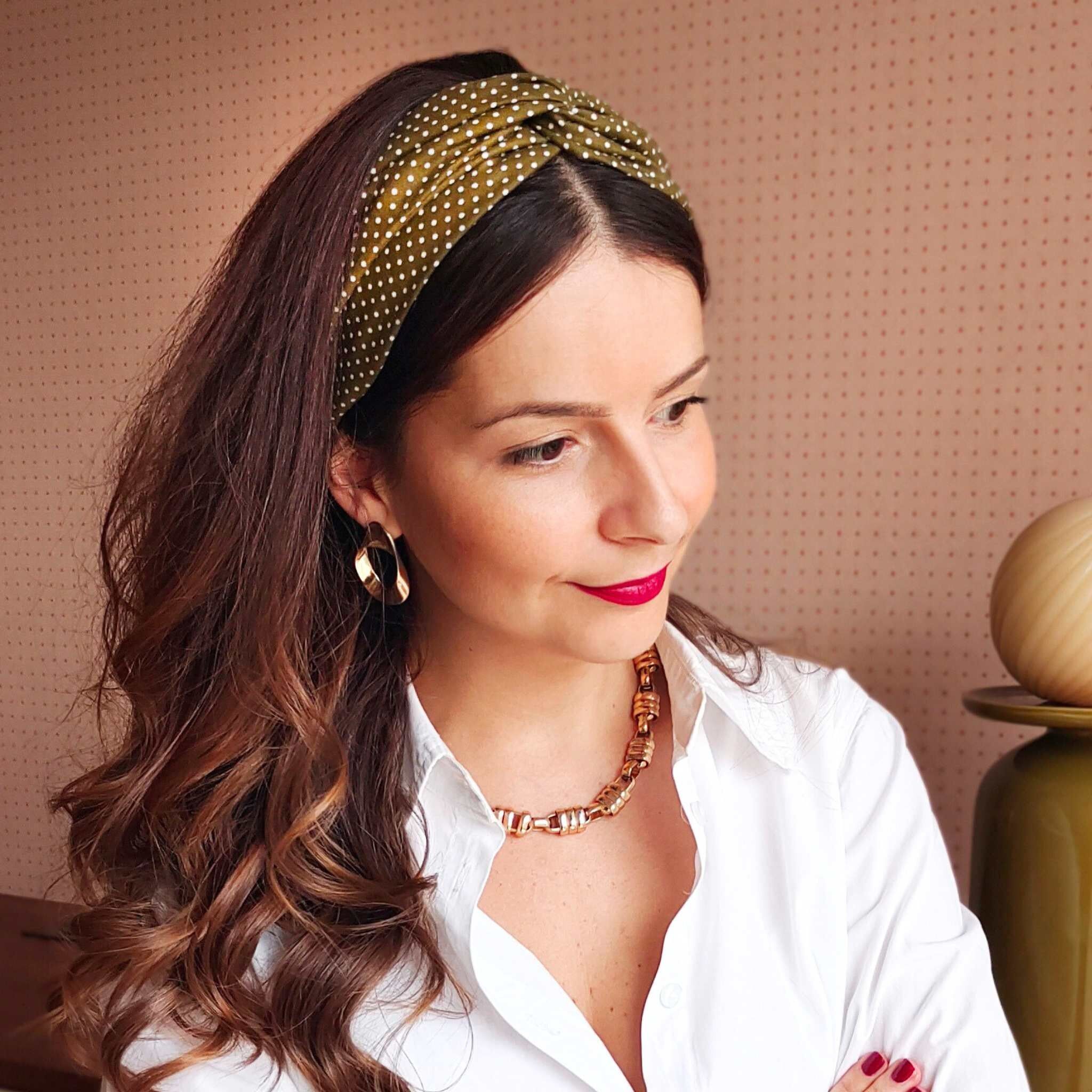 Fascia SIMONE / cotone verde oliva con pois bianchi