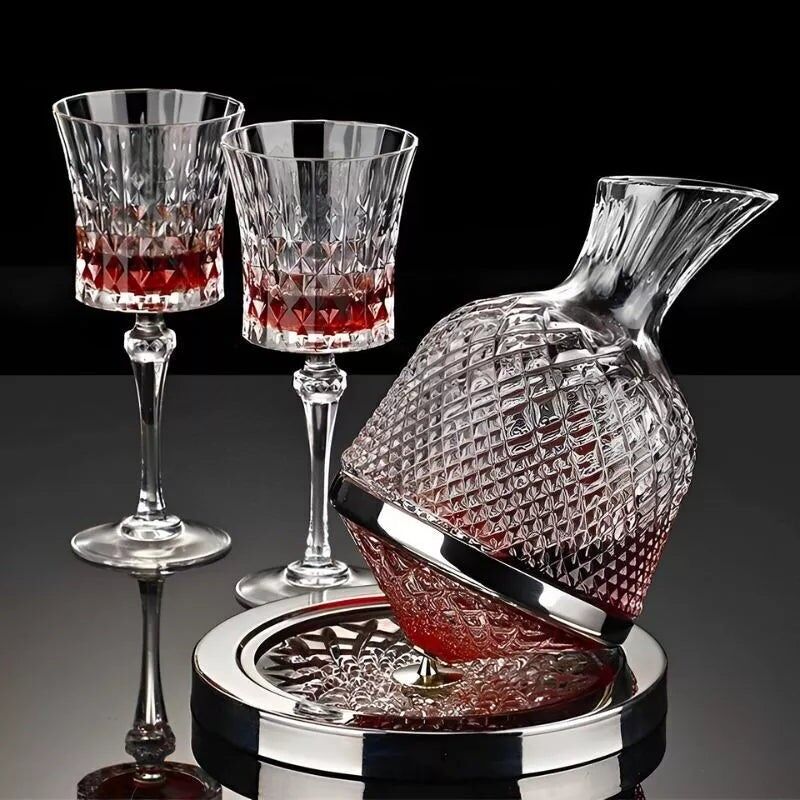 Rotating Decanter Set for Alcohol with 2 Silver Glasses