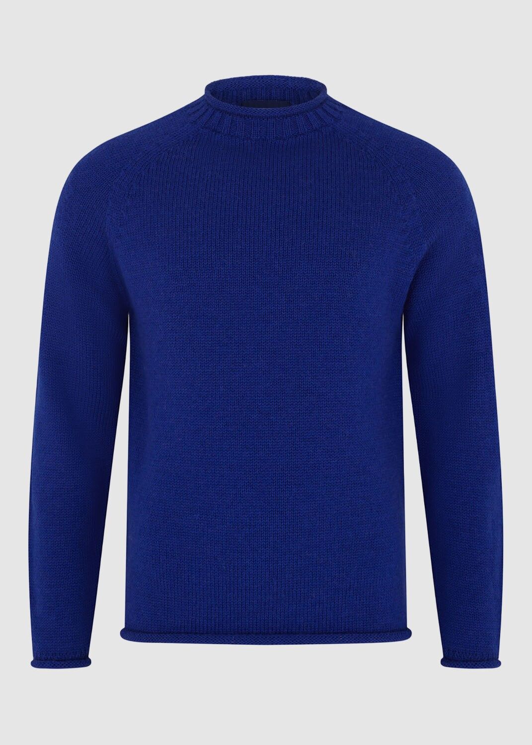 Jersey de cuello redondo con borde enrollado de lana británica - Azul tinta