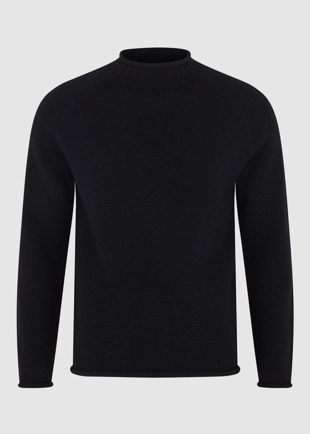 Jersey de cuello redondo con borde enrollado de lana británica - Negro