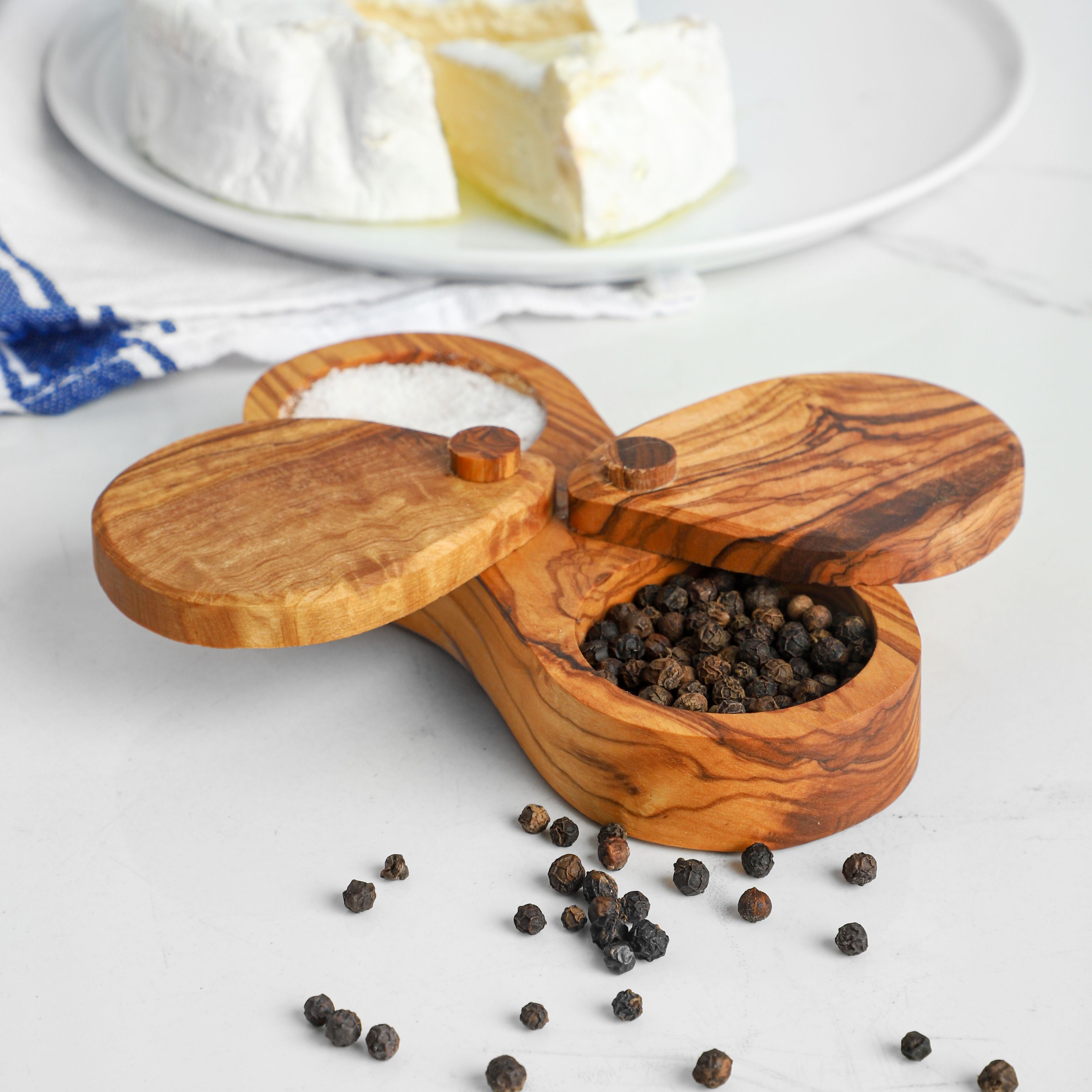 Boîte à sel et poivre en bois d'olivier – Topf mit doppeltem Fach und Deckel