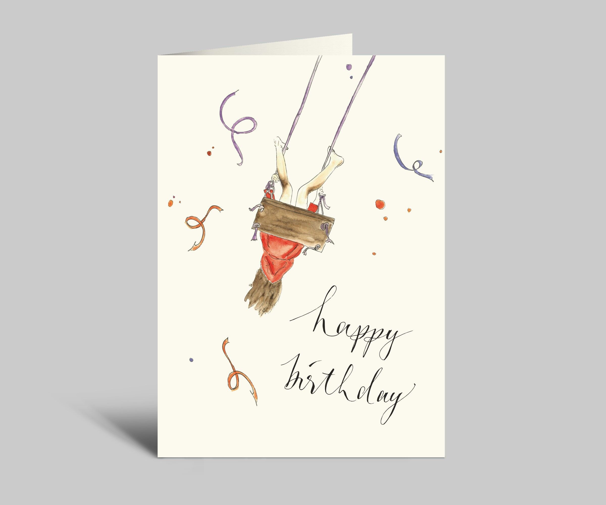 Biglietto di auguri di compleanno | Ragazza appesa all'altalena | Buon compleanno | Biglietto acquerello con busta