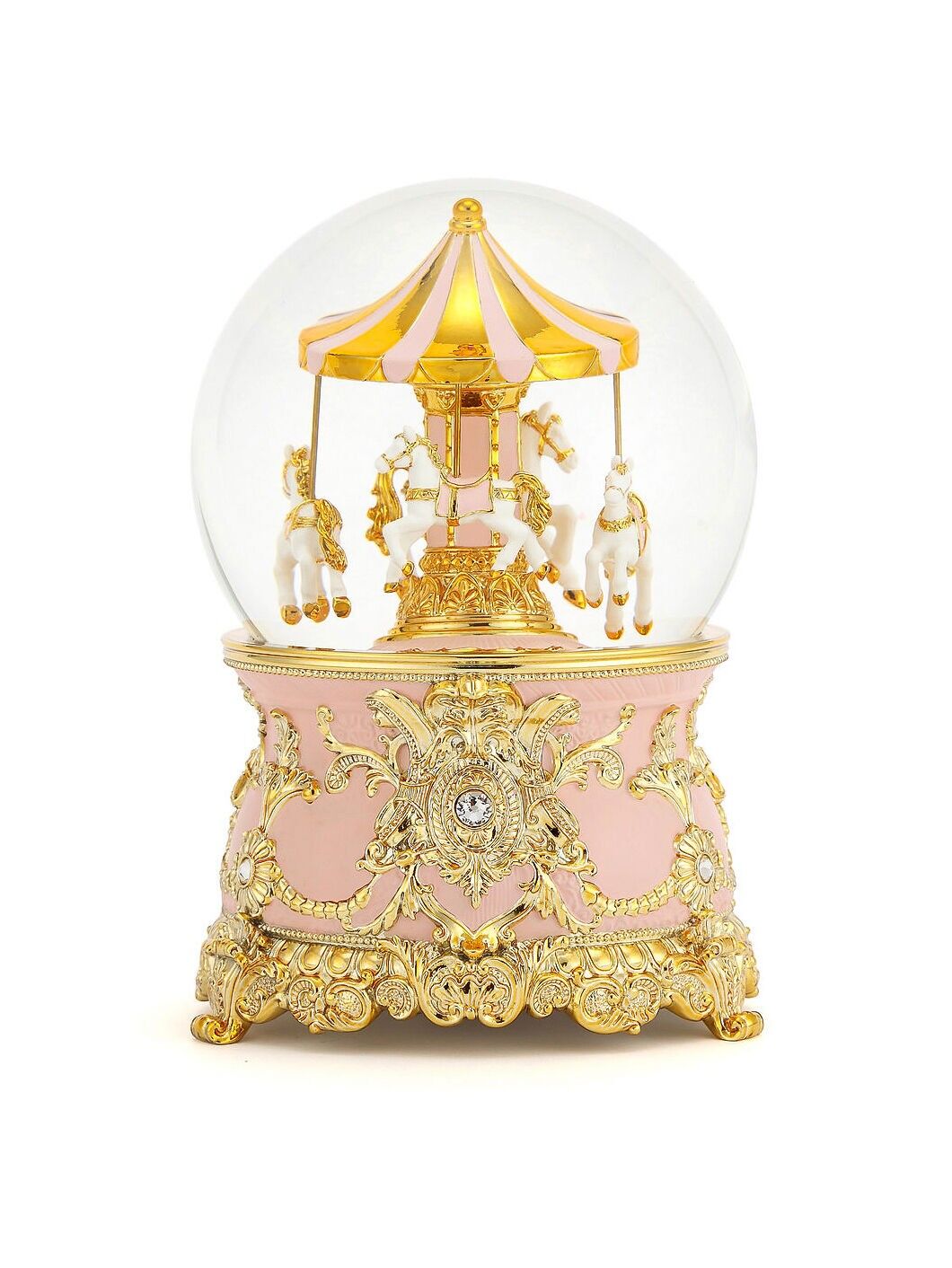 Carrousel Rose – élégante boule de neige musicale ornée de cristaux Swarovski et de détails dorés