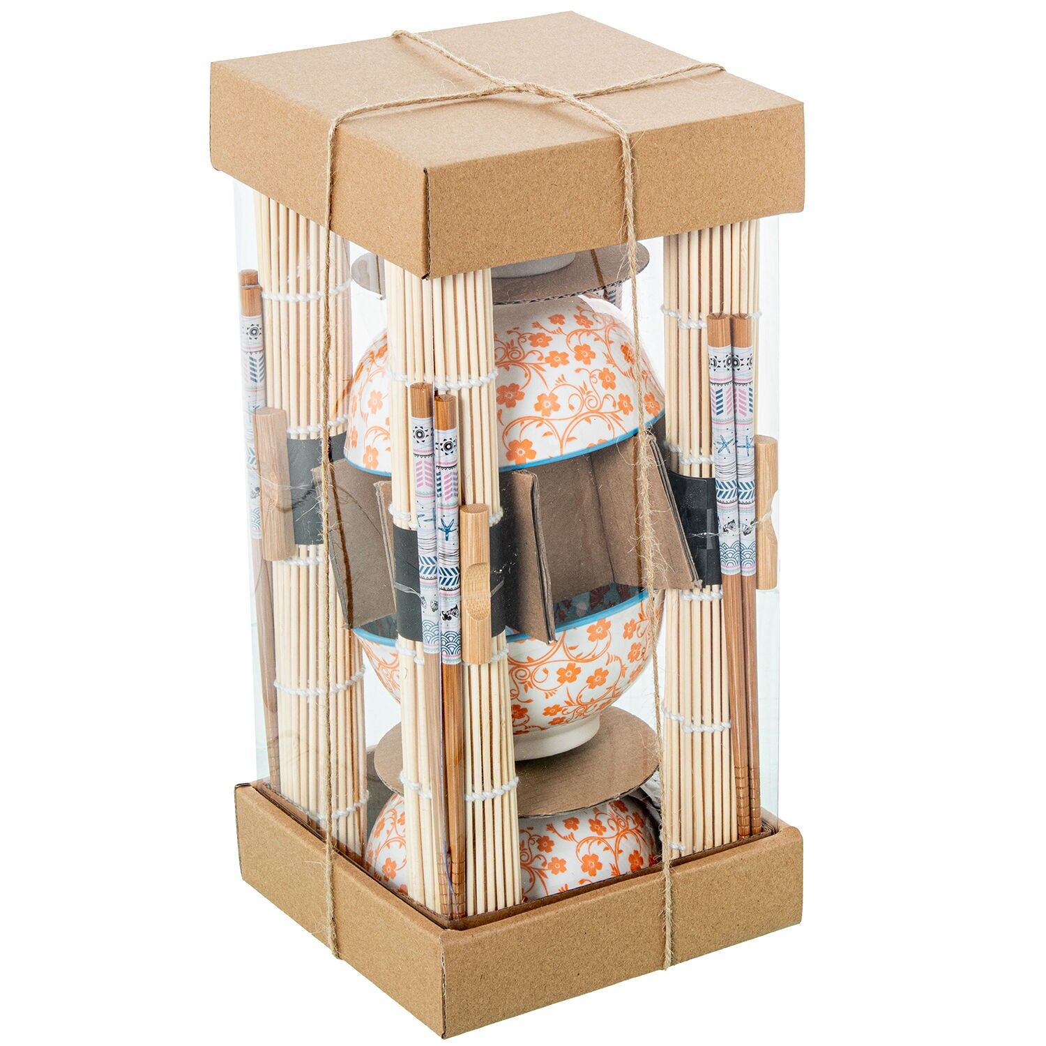 Set aus 4 Porzellanschalen mit Bambus-Essstäbchen und Bambus-Untersetzern. Schale: 12 x 6 cm, Essstäbchen: 23 cm. ST327