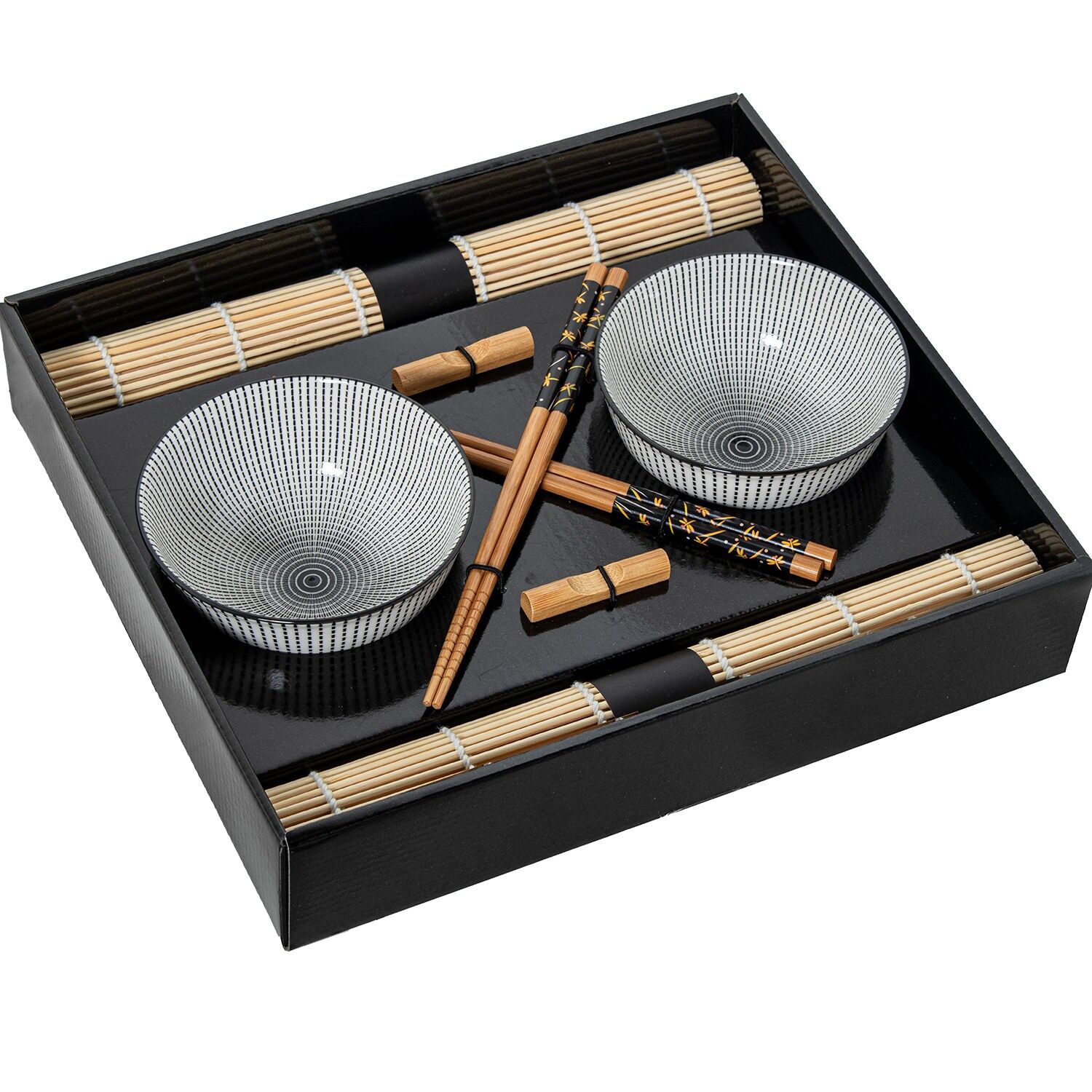 Set bestehend aus 2 Porzellanschalen mit Bambus-Essstäbchen und Bambus-Untersetzer. Schale: 12 x 6 cm, Essstäbchen: 23 cm. ST332