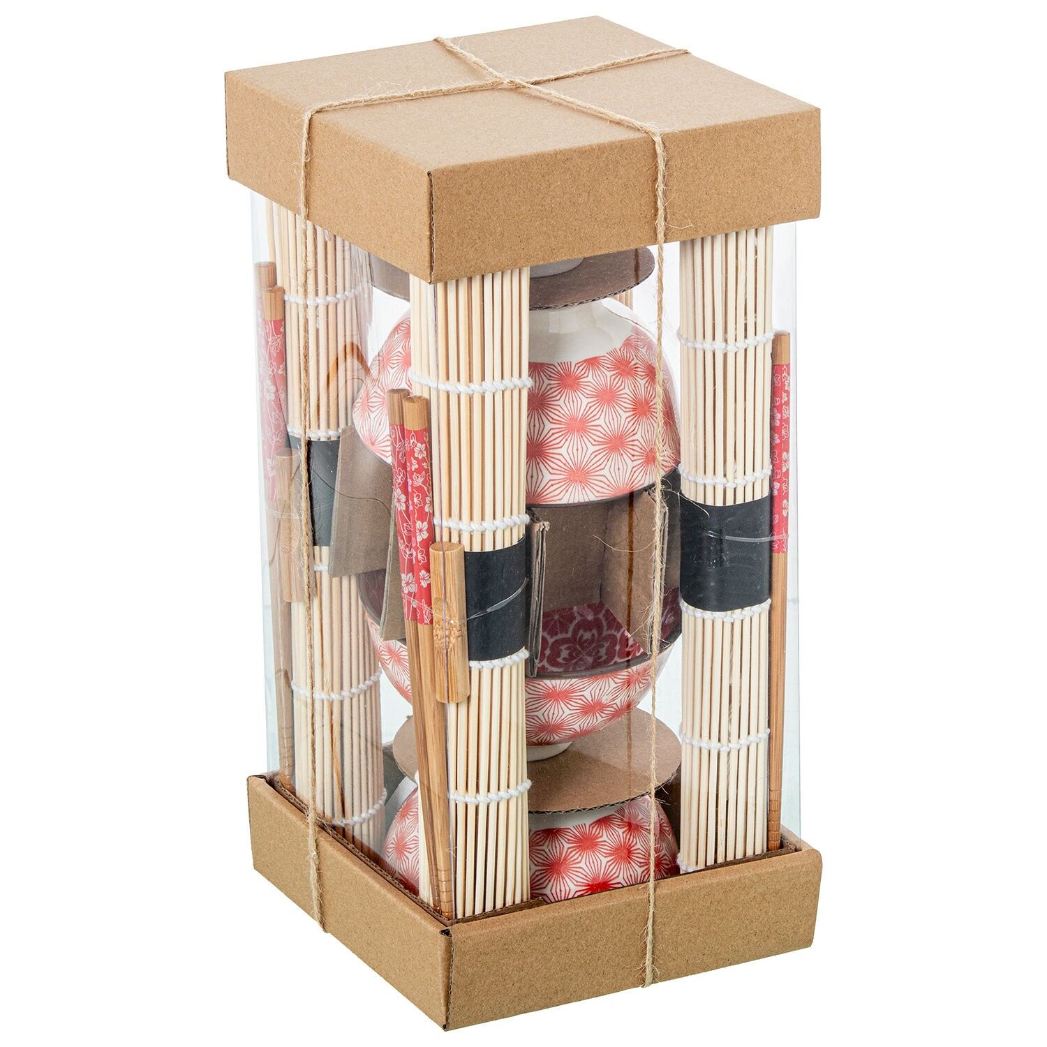 Set aus 4 Porzellanschalen mit Bambus-Essstäbchen und Bambus-Untersetzern. Schale: 12 x 6 cm, Essstäbchen: 23 cm. ST326