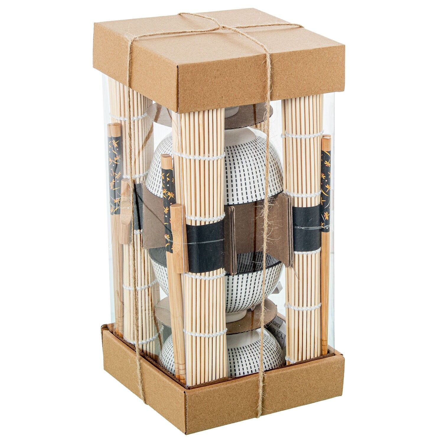 Set aus 4 Porzellanschalen mit Bambus-Essstäbchen und Bambus-Untersetzern. Schale: 12 x 6 cm, Essstäbchen: 23 cm. ST328